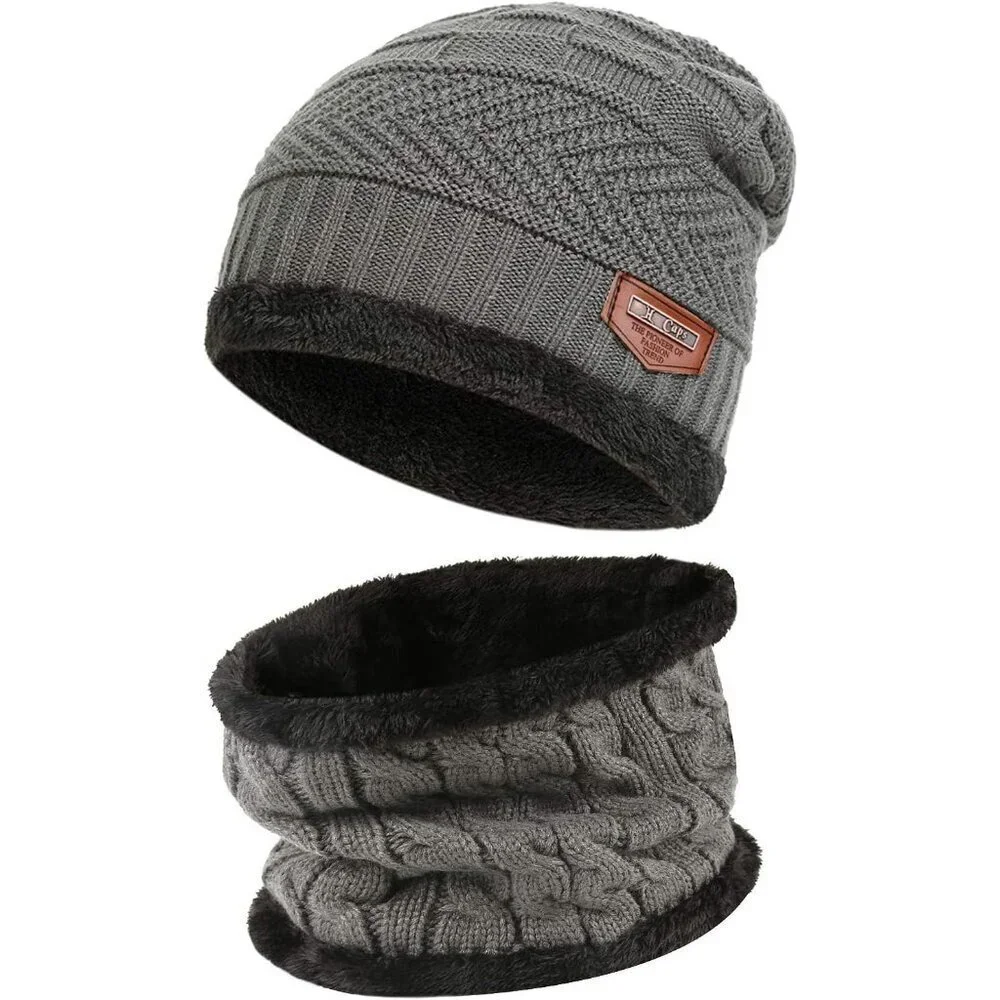 Men's Dark Grey Winter Warm Knit Thick Fleece Lined Skull Beanie Hat Scarf Set